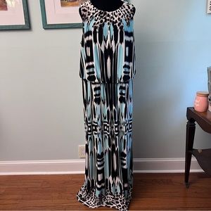 Floor length pattern dress black white and aqua with belt size 18W